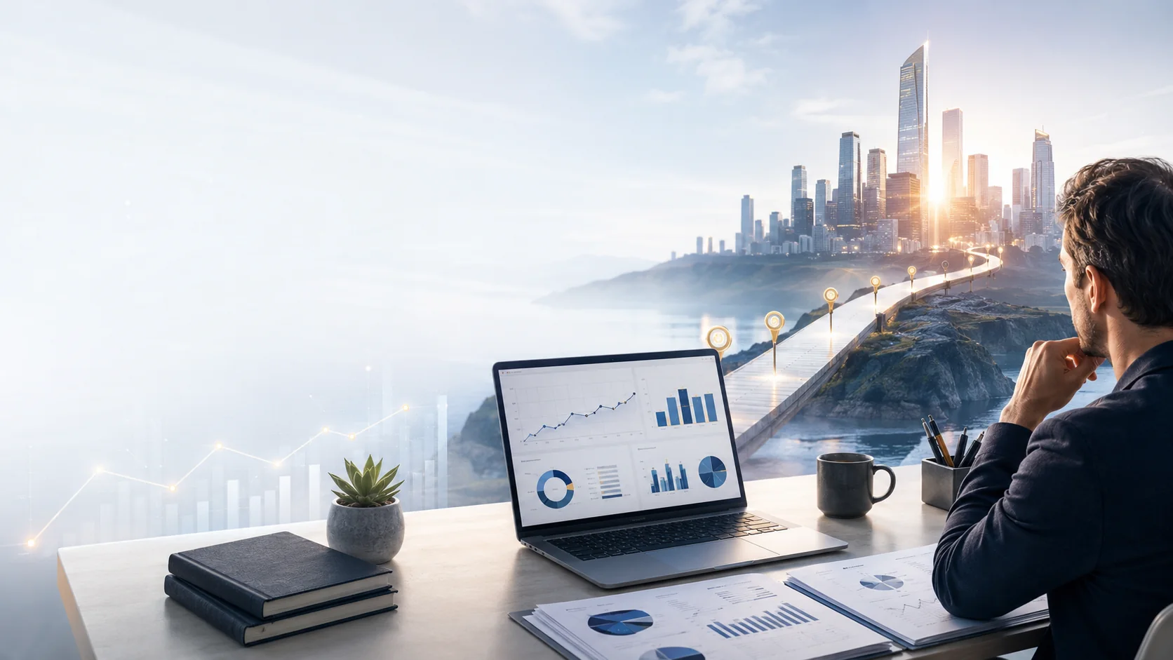 Business growth planning visual with laptop dashboard and strategic path