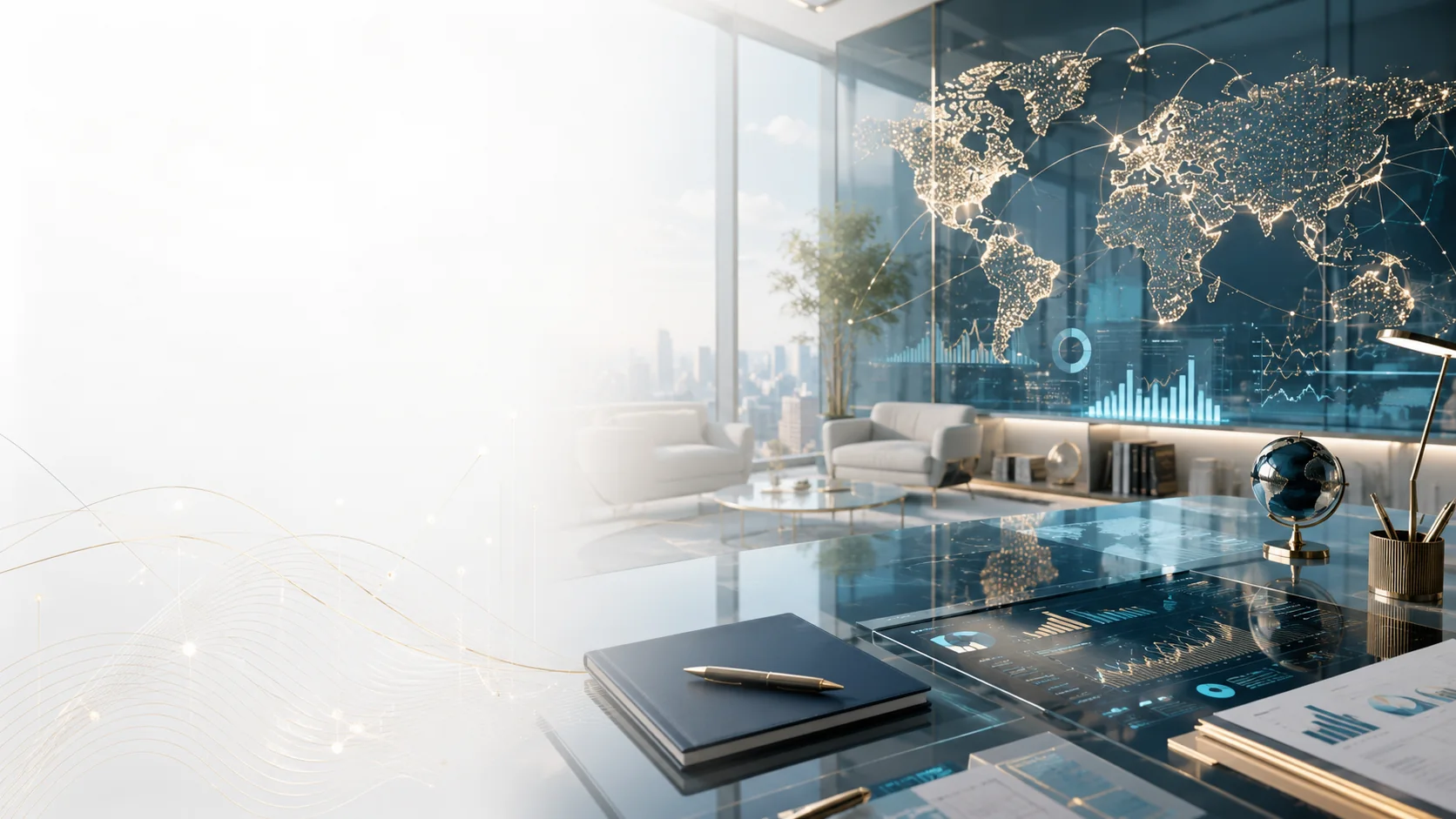 Premium global advisory office with world map and financial dashboards